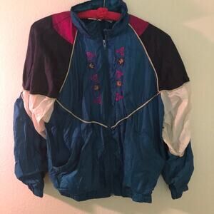 Vintage Windbreaker Jacket Teal/Pink Floral Embroidered S